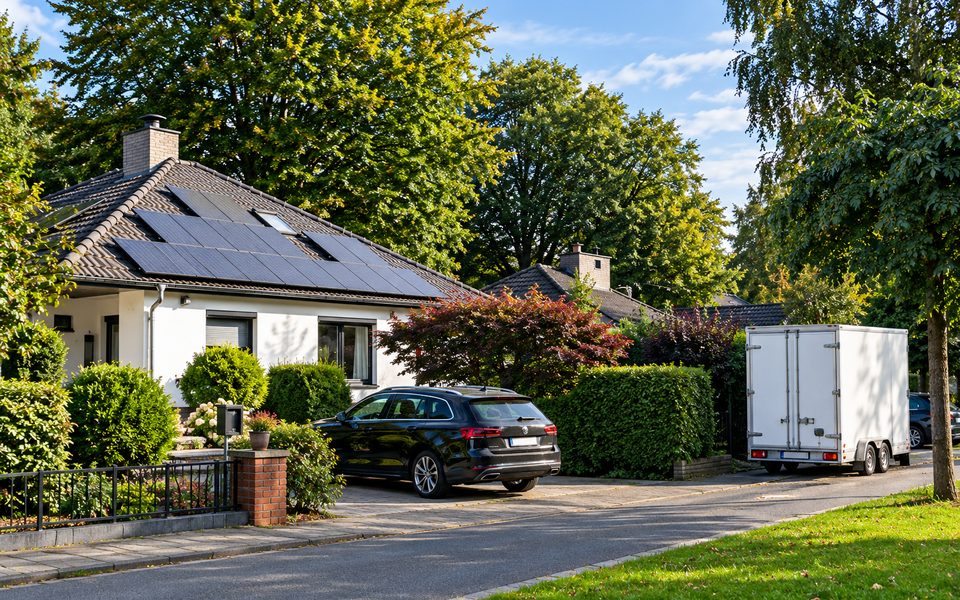 Wohnhaus mit Photovoltaik-Anlage und Auto in der Einfahrt