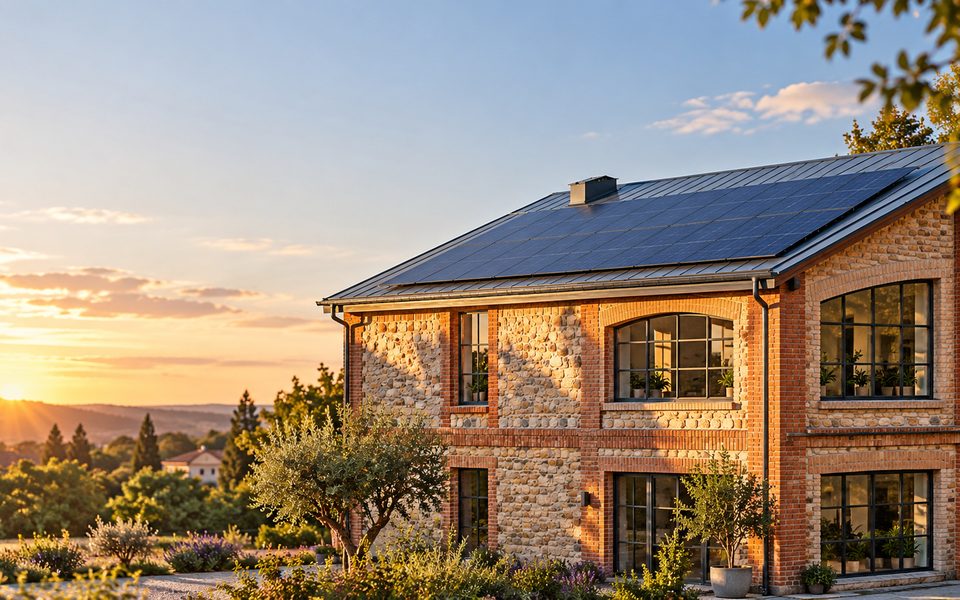 Landhaus mit Photovoltaik-Anlage im Abendlicht