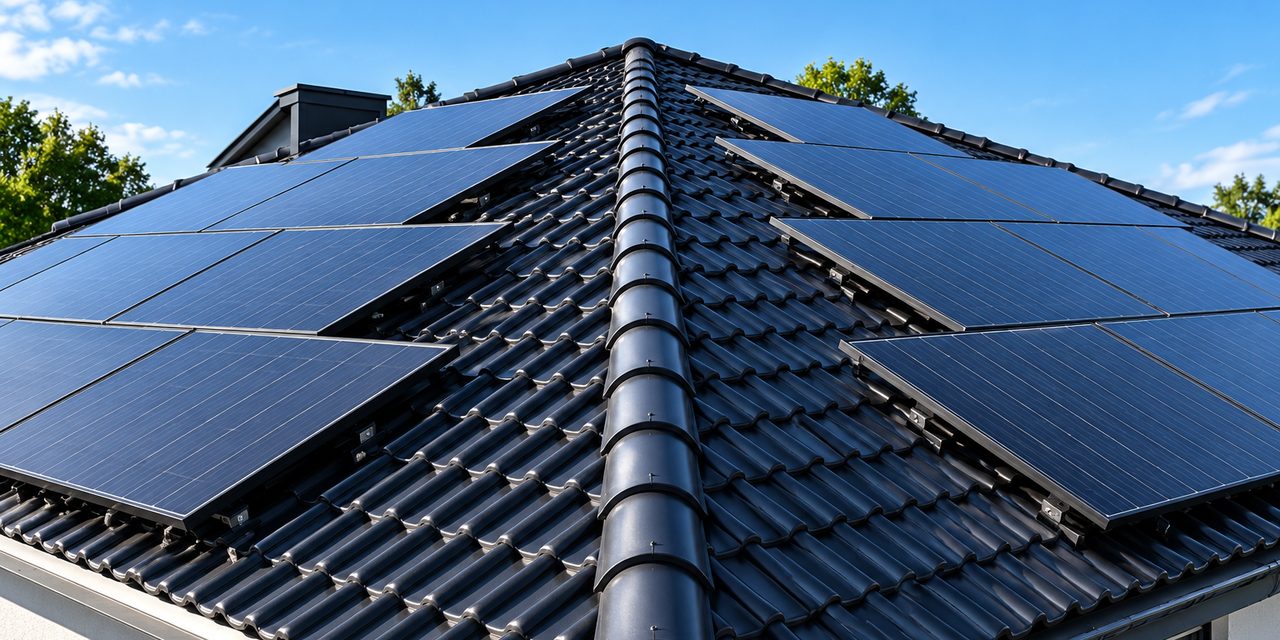 Vollflächig mit Photovoltaik-Modulen belegtes Hausdach vor blauem Himmel